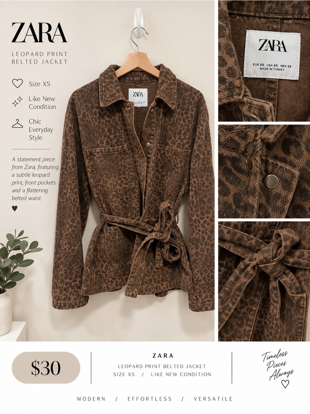 ZARA Brown Leopard Print Belted Jean Jacket